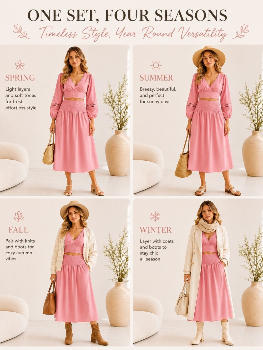 A New Day Pink Two-Piece Set XS | Lace Trim Crop Top & Smocked Midi Skirt | - Picture 4 of 9